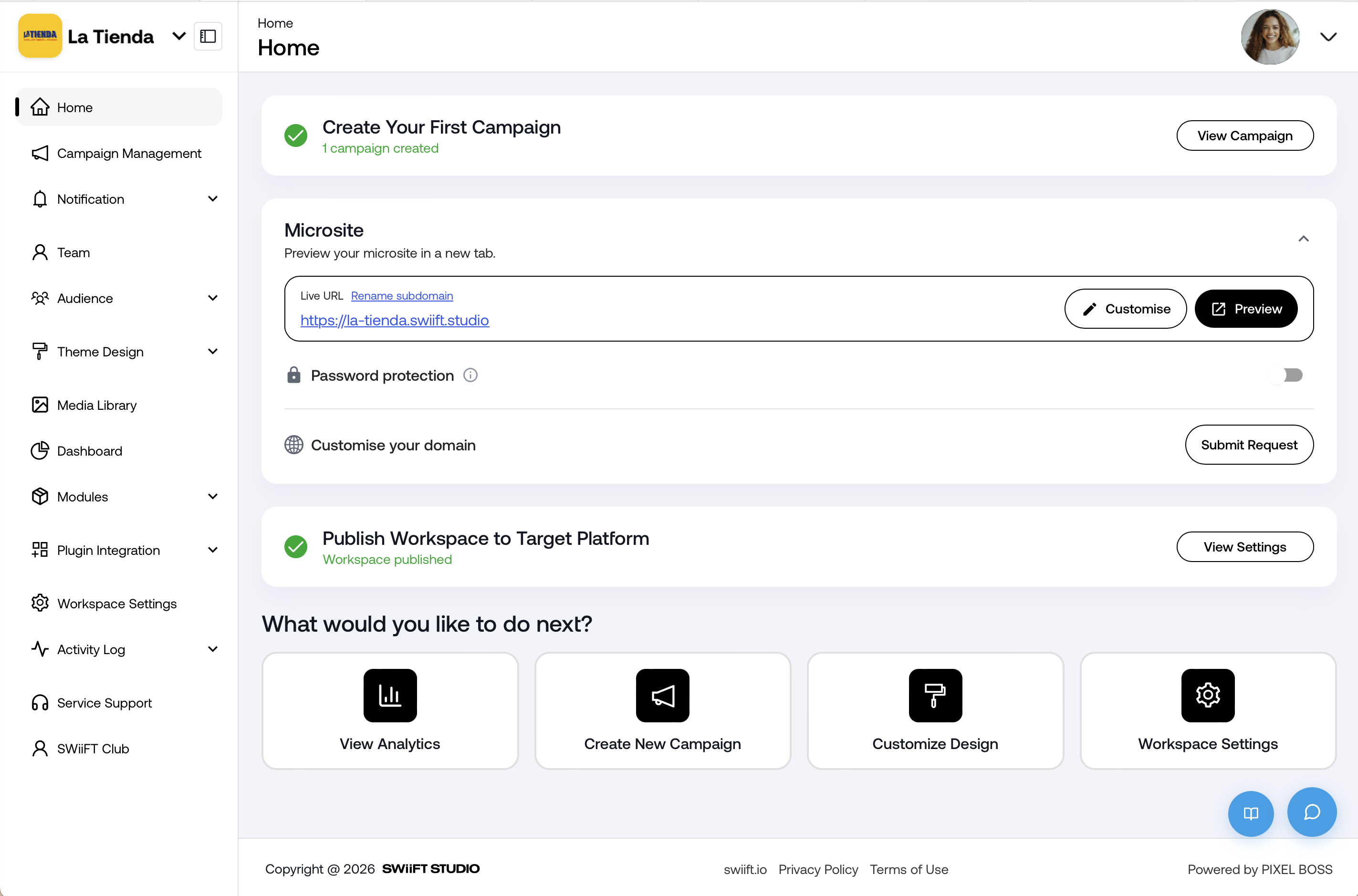 SWiiFT Studio dashboard preview